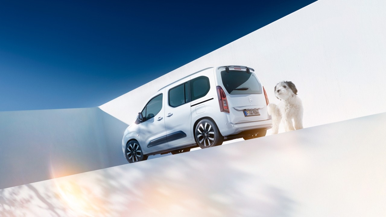Pogled sa stražnje strane na bijeli Opel Combo i psa pored Wallbox punjača